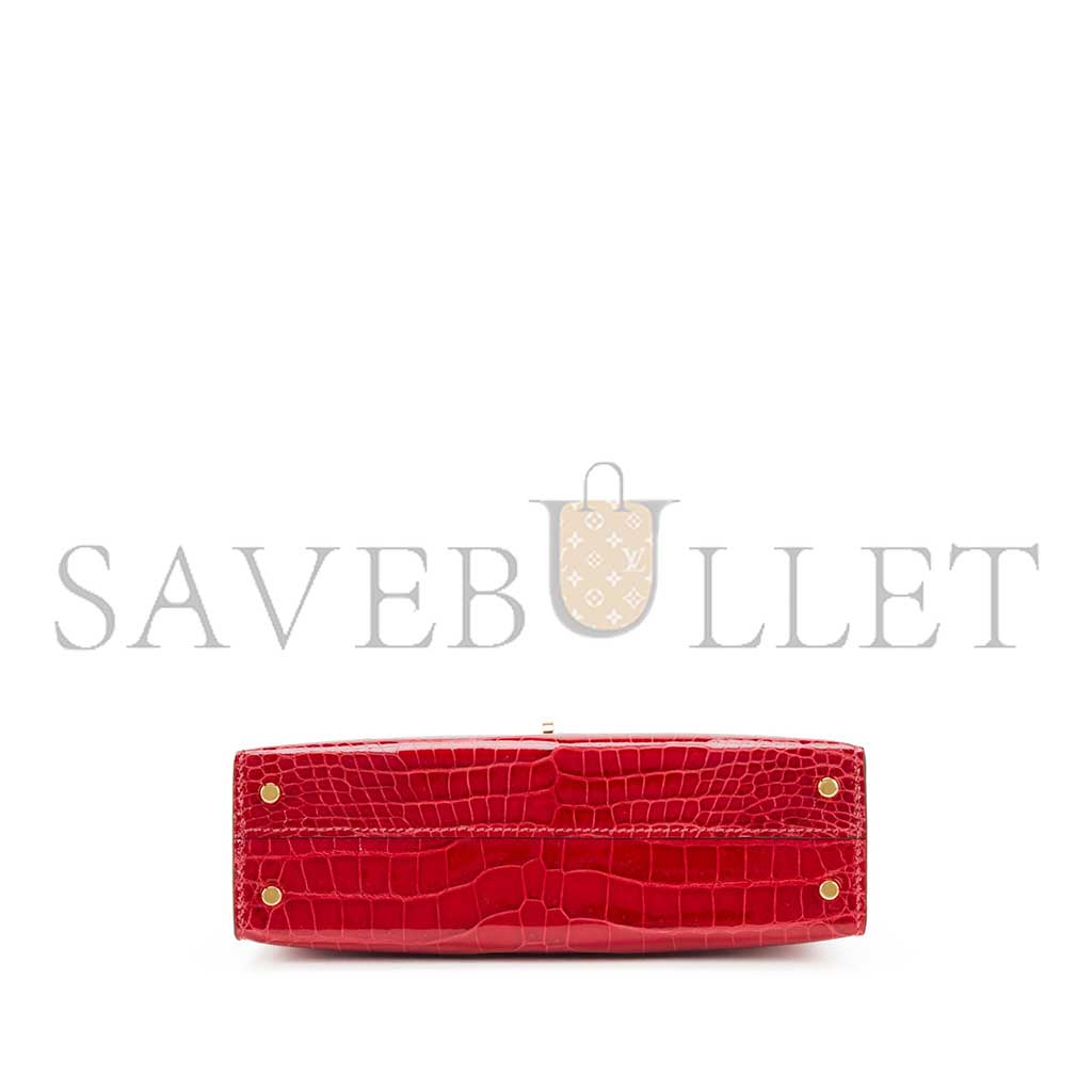 HERMÈS MASTER MINI KELLY II SHINY CROCODILE LEATHER FERRARI RED GOLD BUCKLE (19*12*5.5cm) 